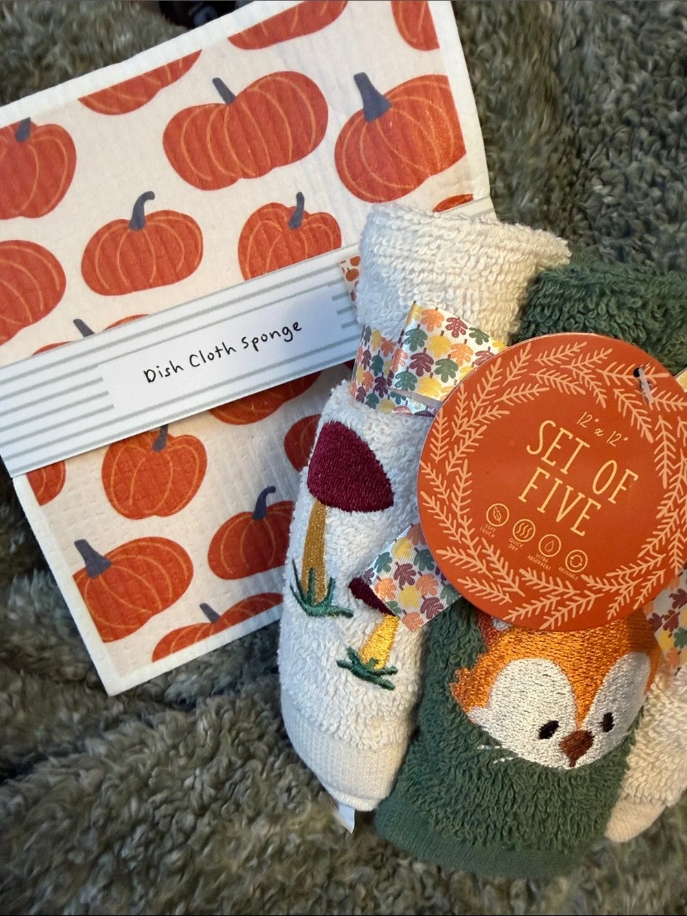 5 Fall Hand Towels w/Mushrooms & Fox! 2 Dish Cloth Sponges (pattern 2 vary)